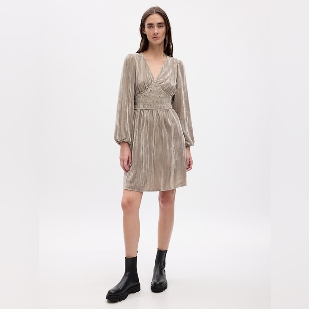 NWT GAP Taupe Beige Velvet Smocked Mini Cocktail Party Dress Sz L